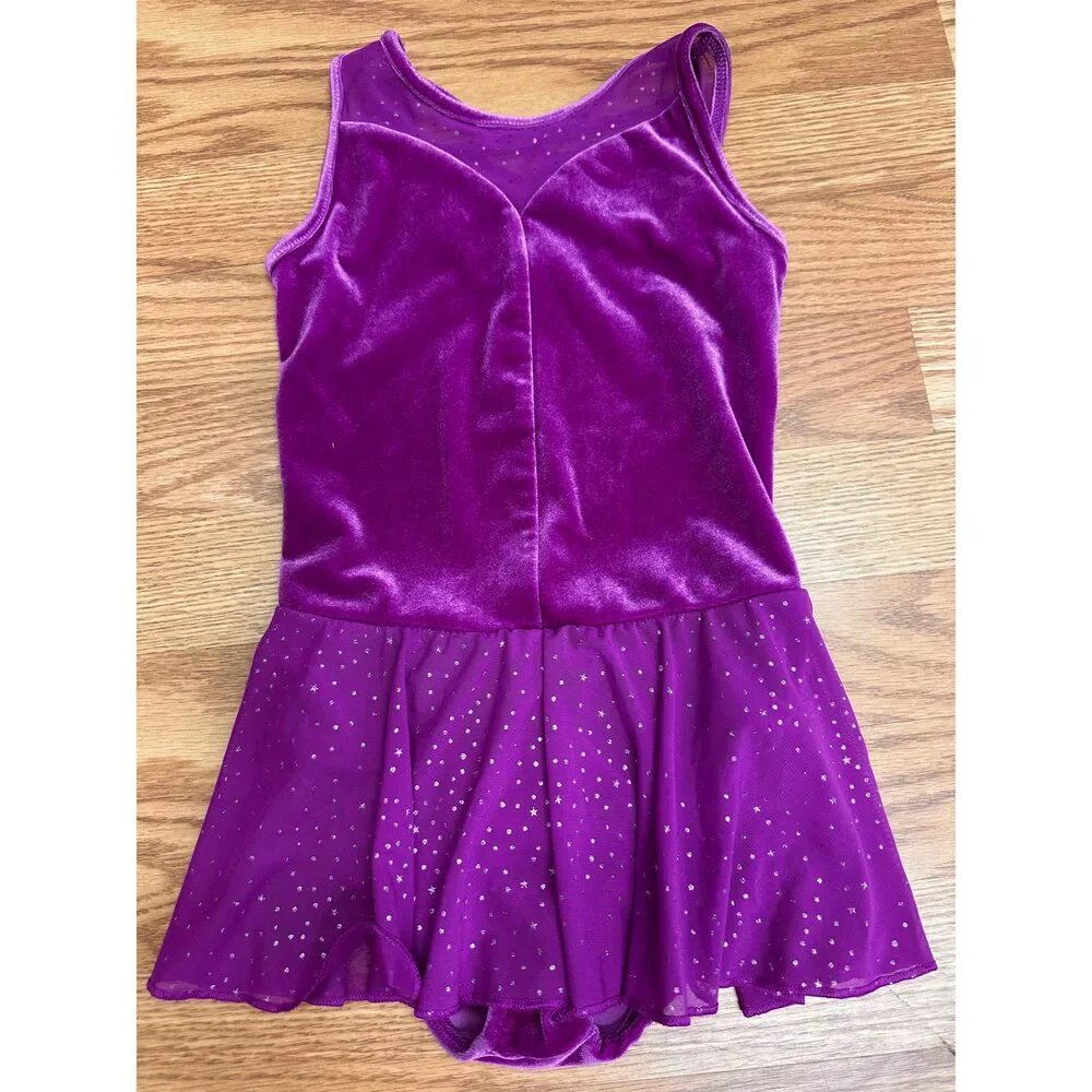 Pre-Owned Dance Leotard Dress XS Child Dark Pink Capezio Sparkle Sleeve Velvet